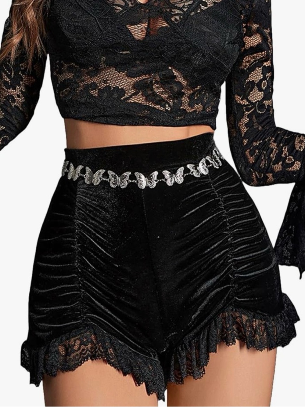 Black velvet Goth Lace Trim Shorts